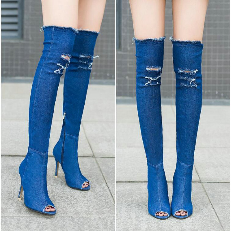 Women Autumn High Heels thigh high boots Female Shoes Hot Over The Knee Peep Toe Cowboy Boots Denim shoes 2023 6784