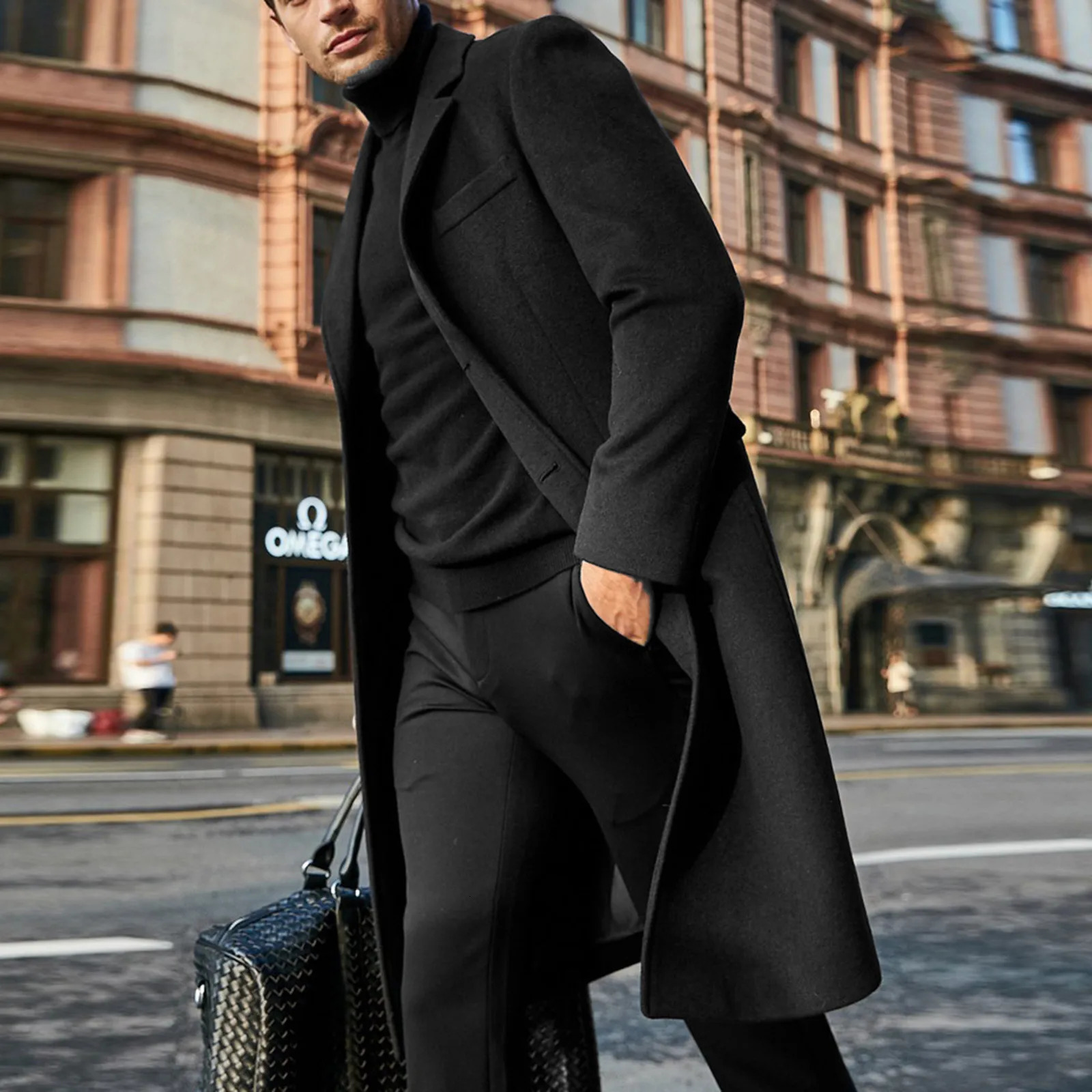 mens coats Autumn Winter Long Trench Coat woolen Solid Color Mid-Length Windproof Thick British Slim Jacket gabardina hombre 241112