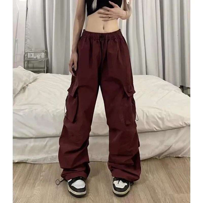 Women Long Cargo Pants autumn Elastic Waist Pocket Baggy Straight Loose Pants Casual Women Korean Trousers 241112