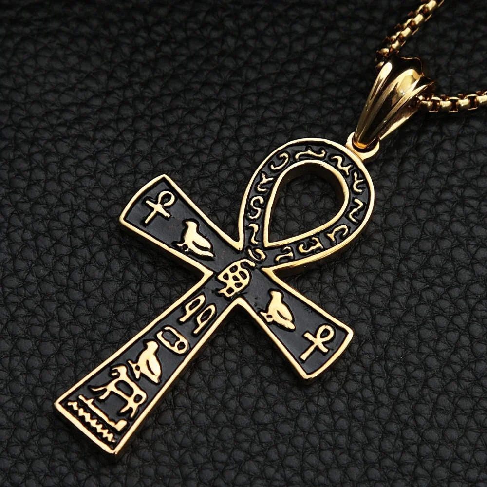 Large Gold/Silver Ancient Egyptian Ankh Cross Pendant Punk Stainless Steel Bicycle Necklace Neutral Talisman Jewelry Gift 241112