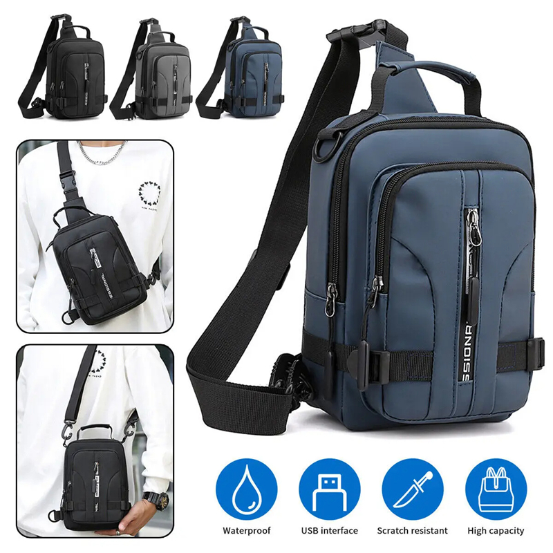 Men's Sling Crossbody Bag Anti-theft Chest Shoulder Messenger Backpack with USB Port for Outdoor Sports Traveling