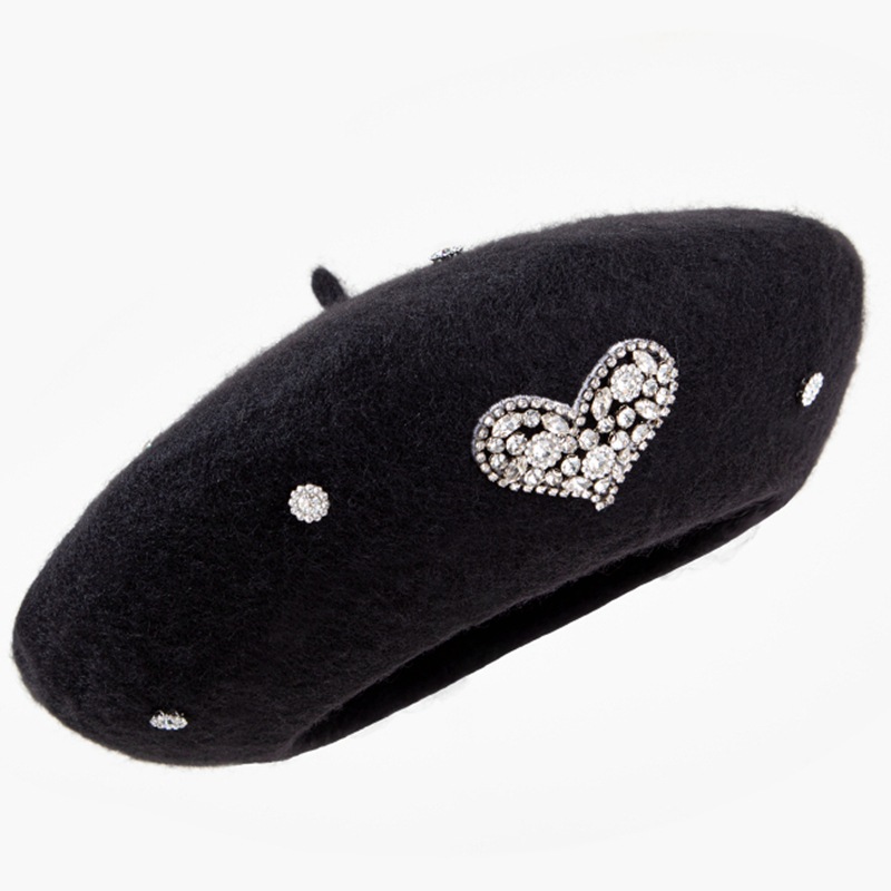 New Winter Women Wool Beret Love Heart Rhinestone Female Berets Beanies British Vintage Painter Hat Lady Warm Outdoor Hats 5