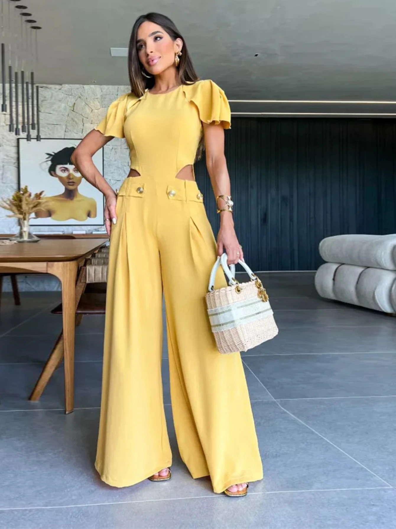 Elegant solid hole button womens jumpsuit O-neck butterfly sleeves loose pants one-piece set summer womens fashionable tight fitting clothes 241112