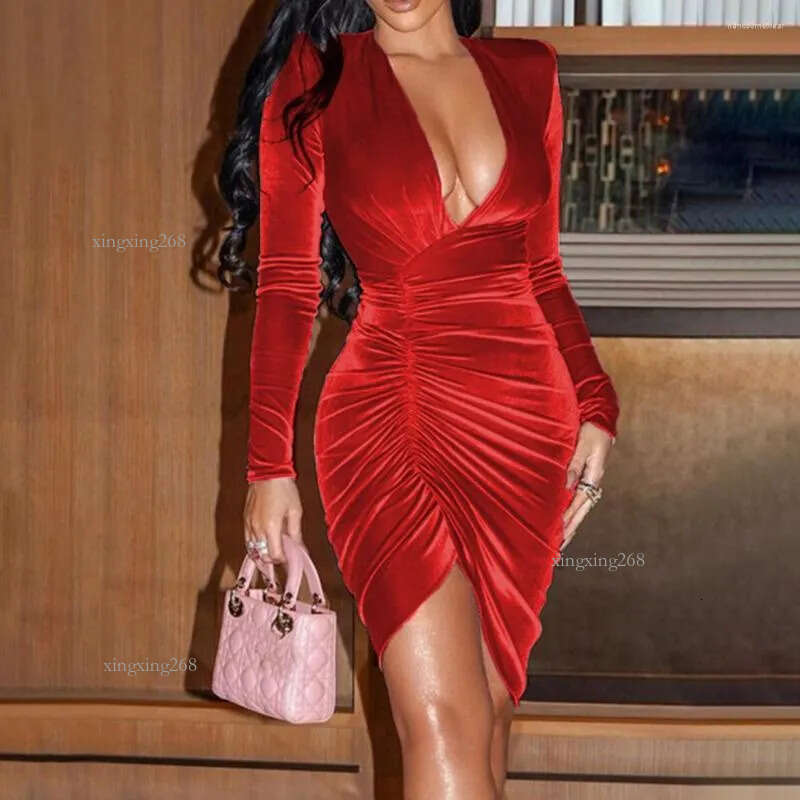 Casual Dresses Elegant V Neck Velvet Long Sleeve Split Asymmetric Ruched Mini Bodycon Dress Autumn Winter Women Sexy Party Ball Gown