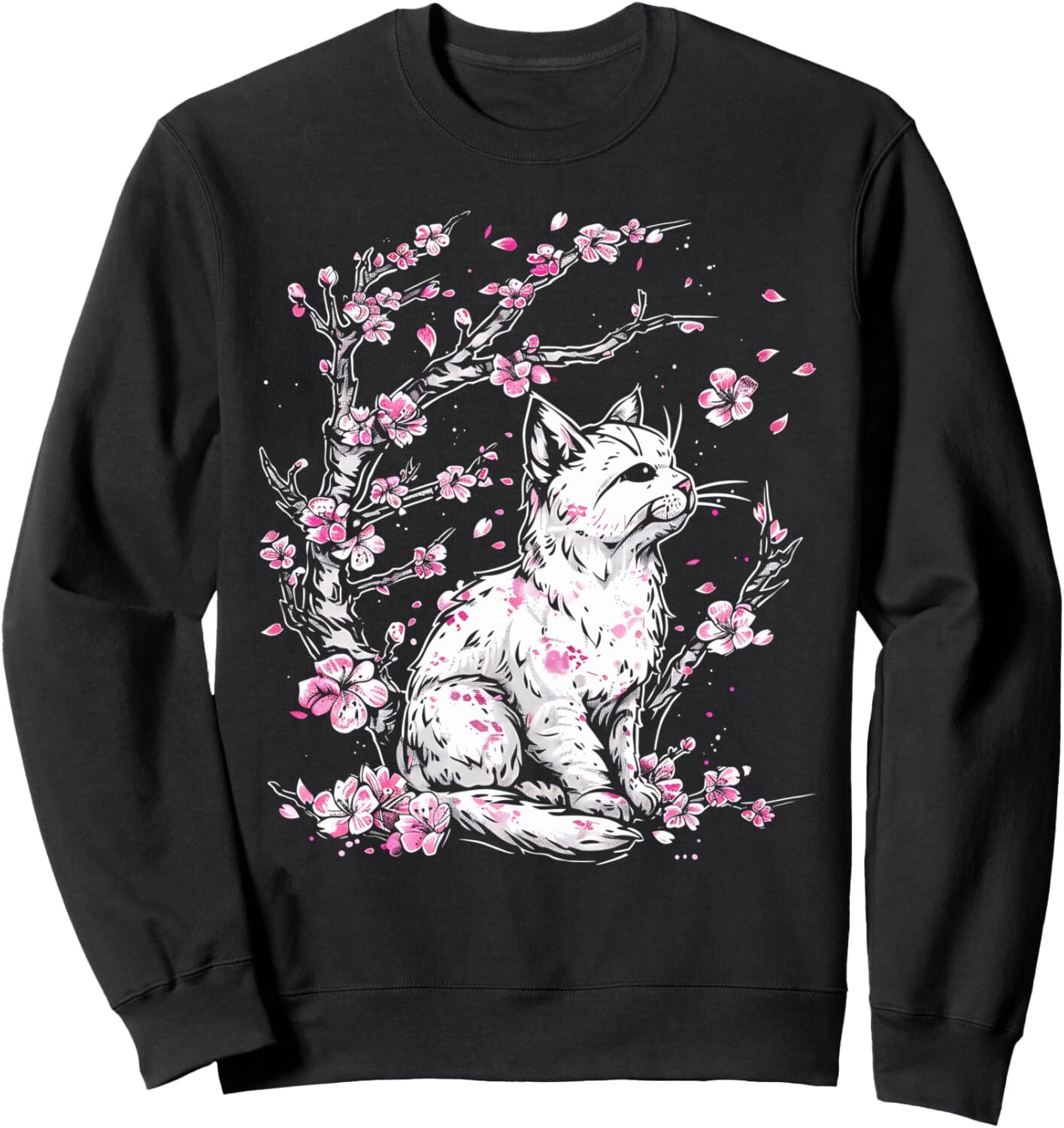 Long Sleeve Shirts for Men sweatshirt Japanese Cat Sakura Blossom Tree Kawaii Pink Flower Design Sweatshirt T shirt Tee Streetwear Casual tops clothes