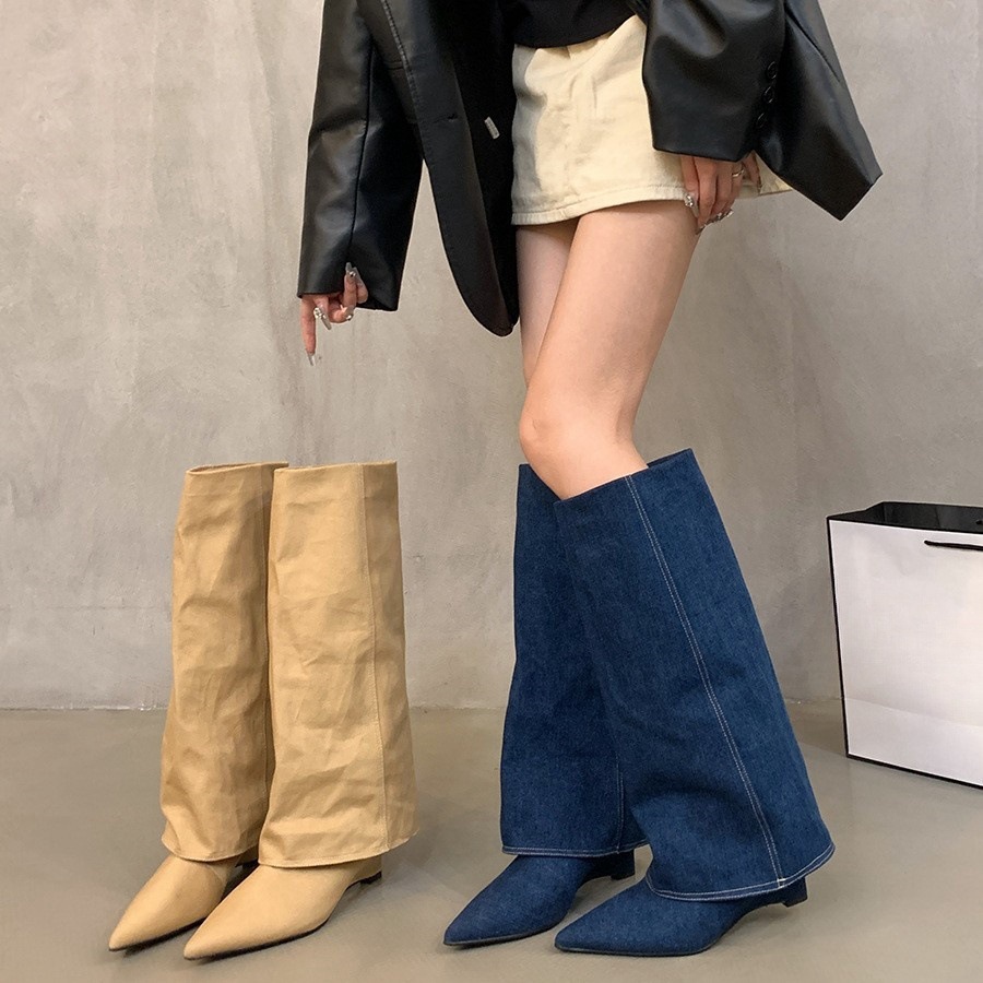 Women's Boots:Fashion Simple Design Long Boots Pointed Toe 2024 New Retro High Heel Spicy Girl Versatile,Blue/Apricot,Free shipping