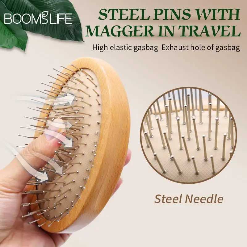 Brosse Cheveux female head massage steel brush mini pocket scalp wood brush with steel needle airbag wide tooth comb W241112