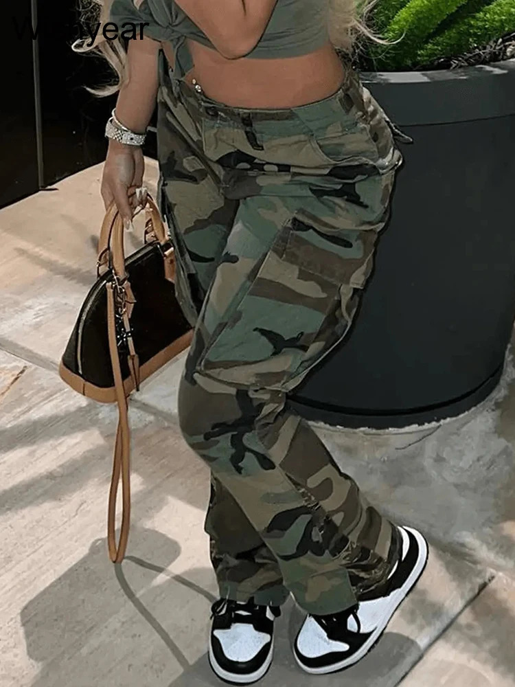 High Waist Camouflage Trousers Night Club Outfits Womens Fall Camo Cargo Loose Sweat Baggy Pants Y2K Clothes Streetwear Joggers 241112