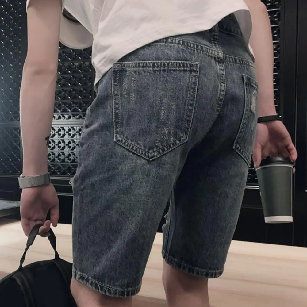 Summer Ripped Holes Denim Shorts Mid-rise Pockets Zipper Button Fly Straight Leg Knee Length Men Short Jeans Streetwear 240412