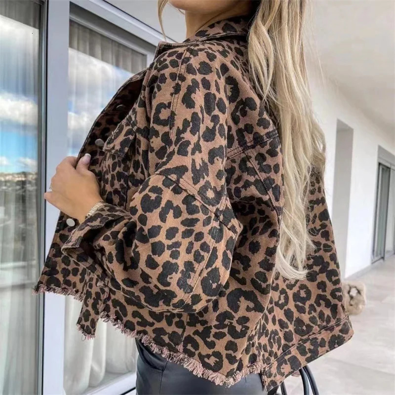 Fashion leopard print fringe hem jacket for womens casual jacket womens spring and autumn collar single breasted open denim jacket 241112