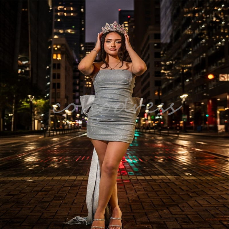 Luxury Mini Short Prom Dresses With Bow Elegant Strapless Sheath Evening Dinner Dress Sexy Cocktail Party Birthday Hoemcoming Graduation Vestio De Gal