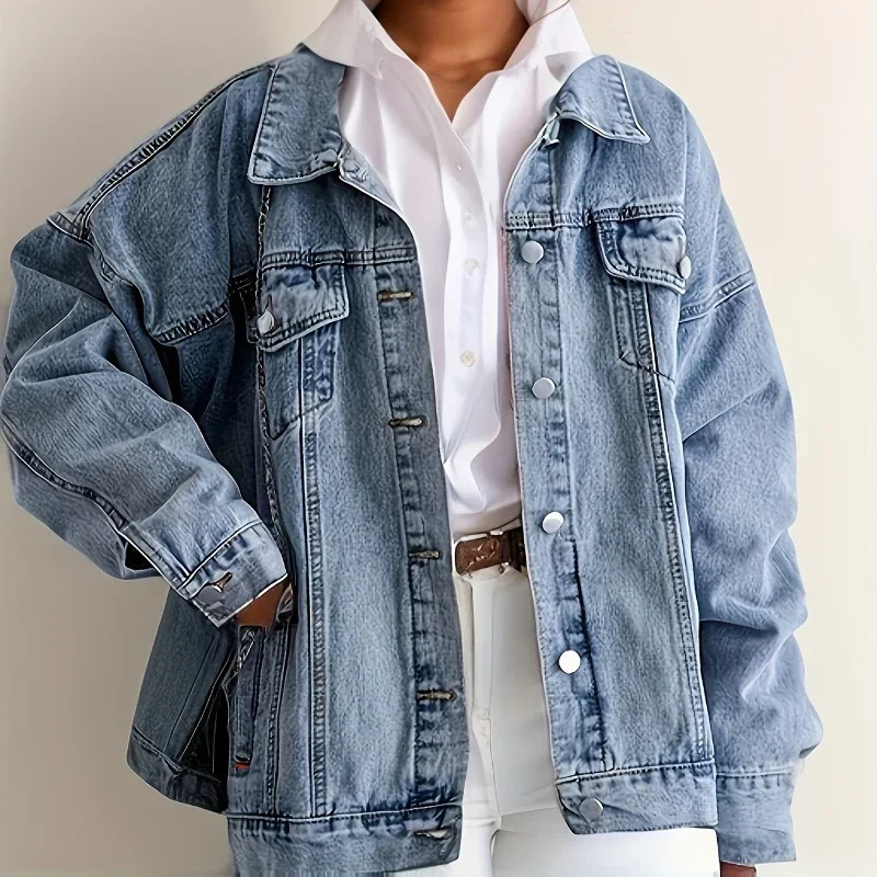 Retro denim shirt jacket casual loose jacket womens jeans jacket womens clothing 241112