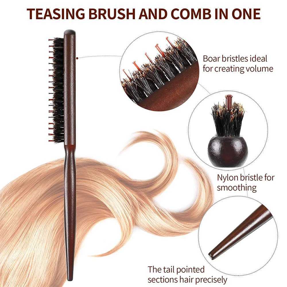 Pig mane teasing brush suitable for women professional hair combing brush with tail wood handle chamfering making hair smooth and styling tool W241112