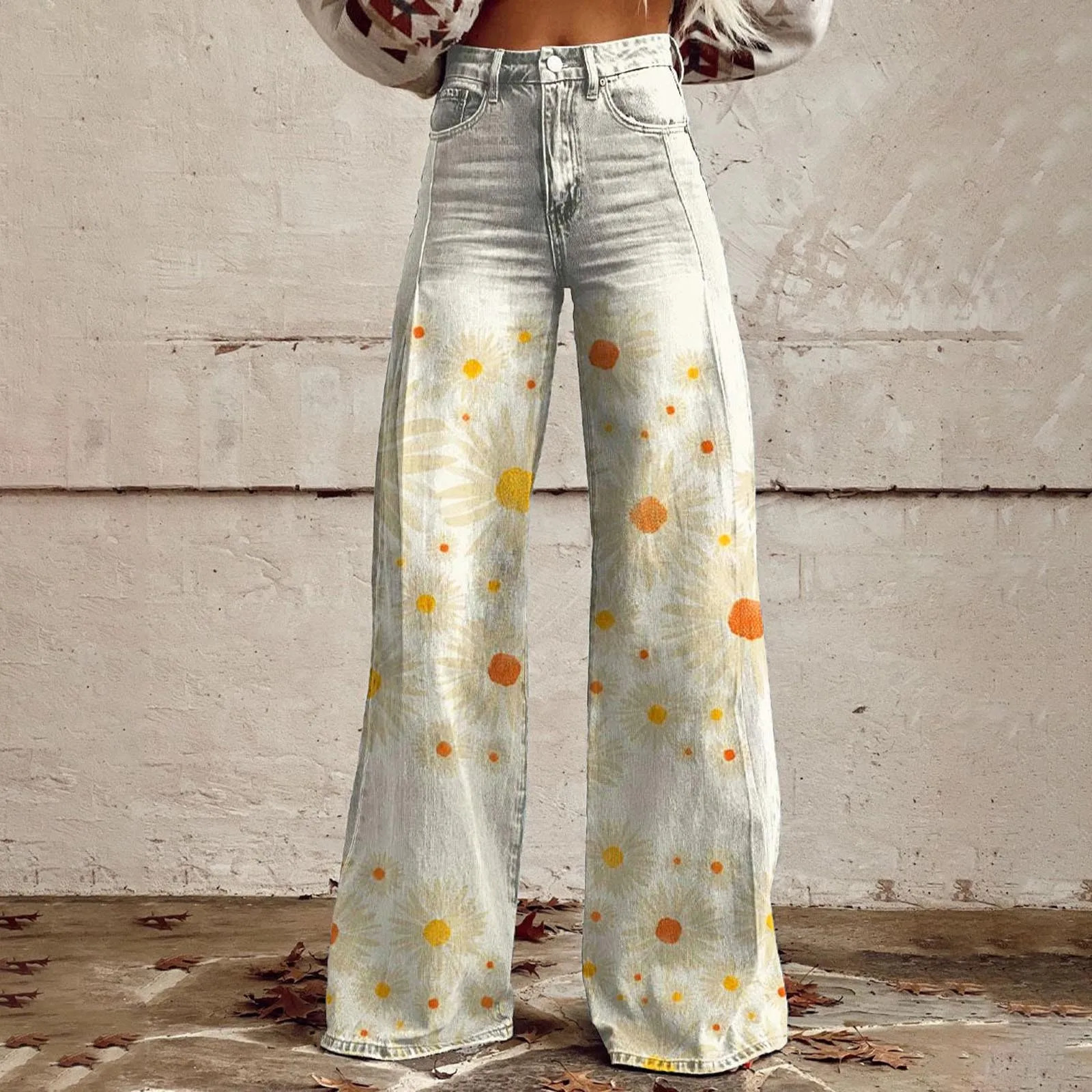 Loose Fit Comfort Vintage Wide Leg Jeans Fashion High Waisted Casual Denim Pants 90s Floral Printed Baggy Trousers Women 241112