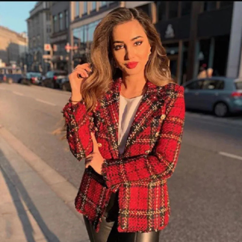 Tweed womens red checkered jacket winter fashion womens retro jacket womens patch work jacket womens jacket 241111