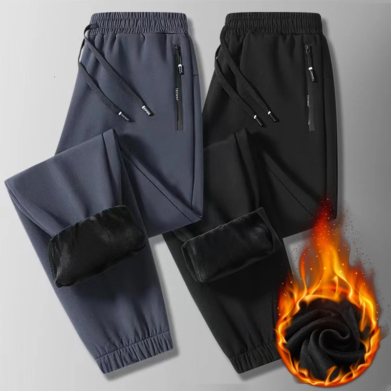 Mens autumn and winter fleece warm sweatpants mens casual pants waterproof outerwear loose fitting ankle sports 241112