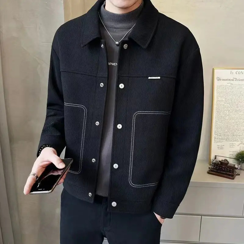 Fashion Lapel Button Spliced All-match Solid Color Jackets Mens Clothing Autumn Winter Loose Casual Tops Korean Coats 241112