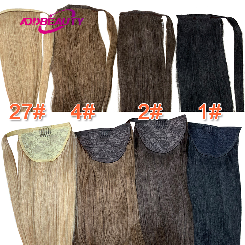 Straight Drawstring Ponytail 100% Real Human Hair Extensions Clip in Horse Tail Human Hairiece Wrap Around Natural Blond Color