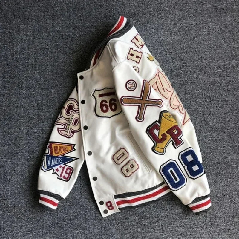 Mens spring and autumn baseball uniform Y2K retro trend leather jacket heavy industry embroidery white short coat ins 241112