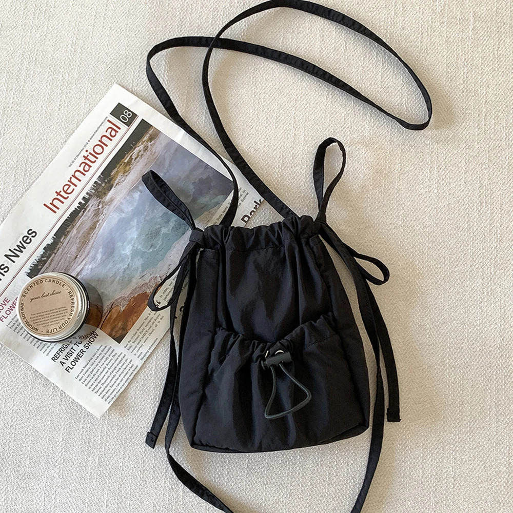 Mini drawstring cross body bag for womens casual Ruched shoulder bag small canvas phone flip bag square nylon handbag fashion 241111