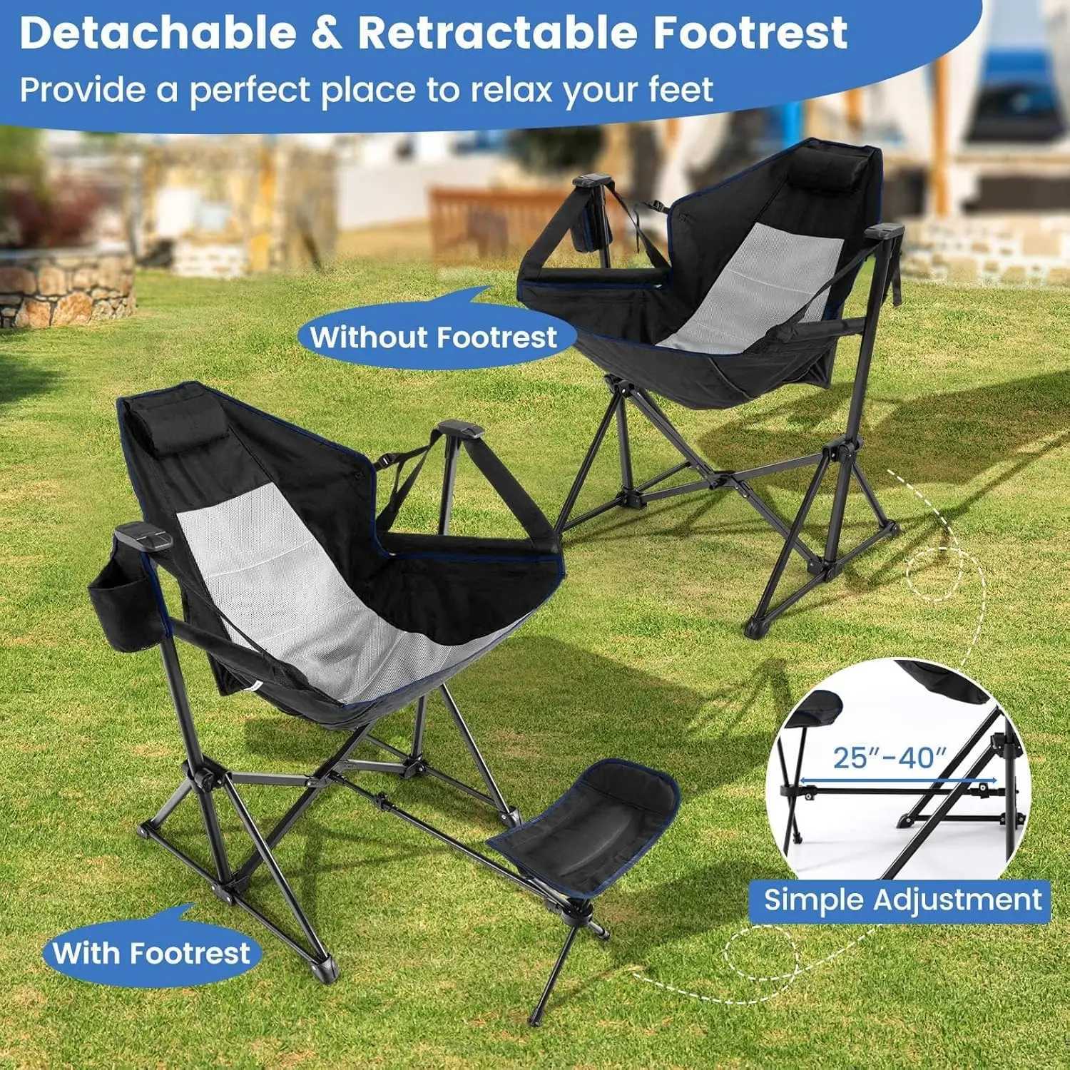 2 sets of pendant camping chairs with foot pads outdoor folding rocking chairs with comfortable headrests cup holders carrying bags portW241111