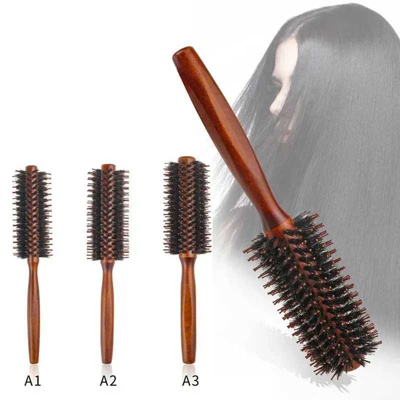 Type 3 Solid Wood Curling Comb for Pig Mane Natural Pig Mane Curling Brush Round Barrel Hair Dryer Curling Styling Tool W241112