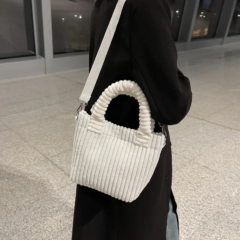 Fashion Corduroy Womens Bag Trend Handbags Niche Versatile Bucket Shoulder Bags Female Nylon Button Crossbody 241111