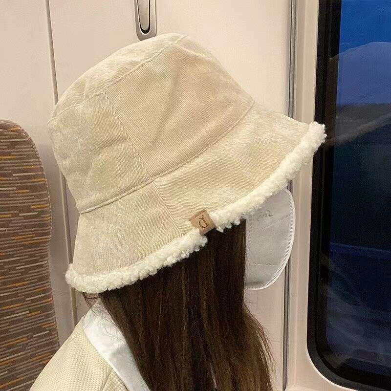 children internet celebrity double sided wearing lamb fleece bucket versatile show face small thickened warm fishermans basin hat female