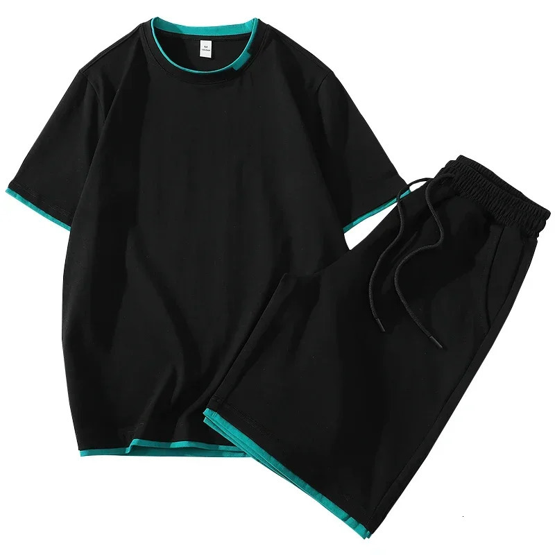 2024 Men Clothes Casual Summer Set Short Sleeve Fakte Two Piece Tshirt Shorts 2 Piece Set Male Sports Suit Harajuku Sports Set 240412