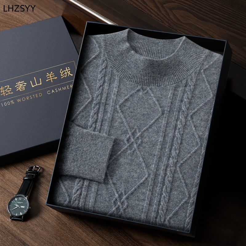 LHZSYY New Men's 100% Pure Cashmere Sweater Fall/Winter Half-high Neck Jacquard Pullovers Youth Plus Size Knit Base Shirt Tide c651d