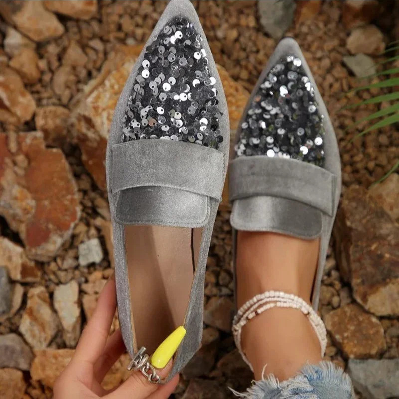 Velvet Womens Sparkling sequin Embroidered Loafers Womens Fashion Dot Toe Silver Grey Velvet Ballet Flat Shoes 241111