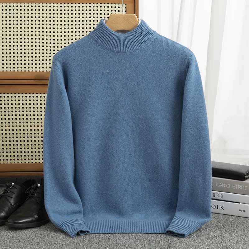 New solid color autumn/winter 00% Merino wool jacquard cashmere sweater mens half ponytail neck jacquard warm bottom knitted shirt W2411111