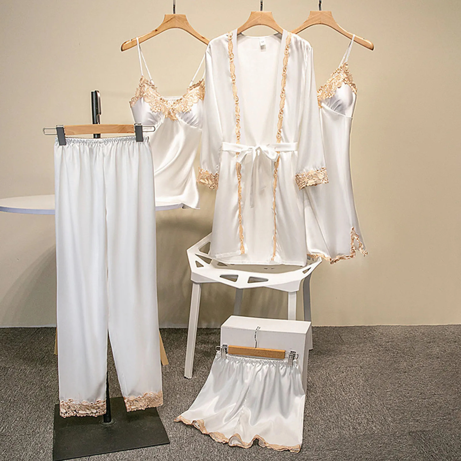 5-piece/set womens sleepwear set evening gown top and shorts set silk satin lace patch work loose sleepwear set 241112