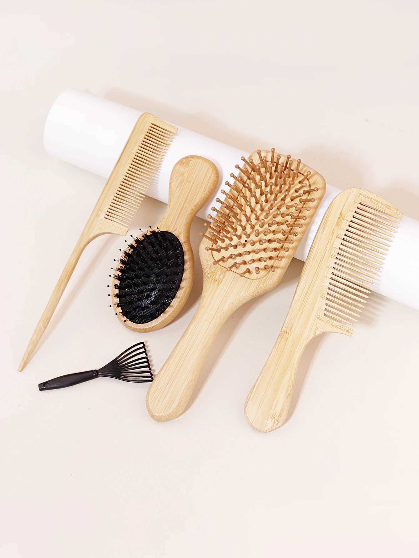 5-piece wooden comb with cleaning claw set anti-static household use scalp massage comb paddle brush and tail comb W241112