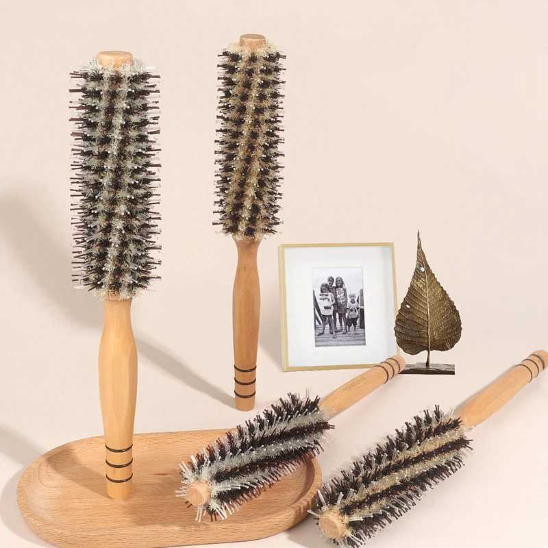 Natural Pig Mane Curling Brush Hair Clipper Curling Brush Wooden Curling Brush Round Bucket Hair Comb W241112