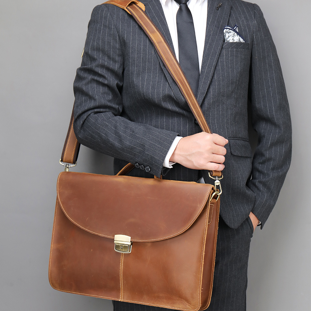 Briefcase Crazy Men Horse Genuine Leather Male Fit 15.6inch Laptop Bag Handbag For Documents 's Shoulder Designer 7d4a6