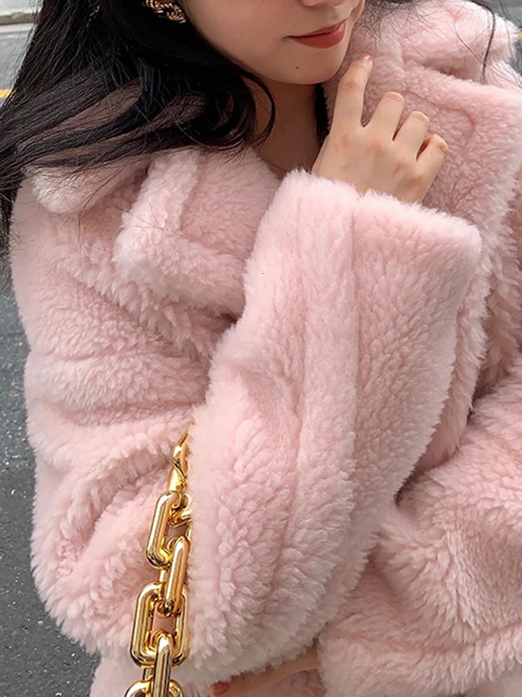 Lautaro Winter Ultra slim Pink Thick Warm Teddy Coat Womens Double Chest Loose Casual Style European Faux Fur Coat 241112