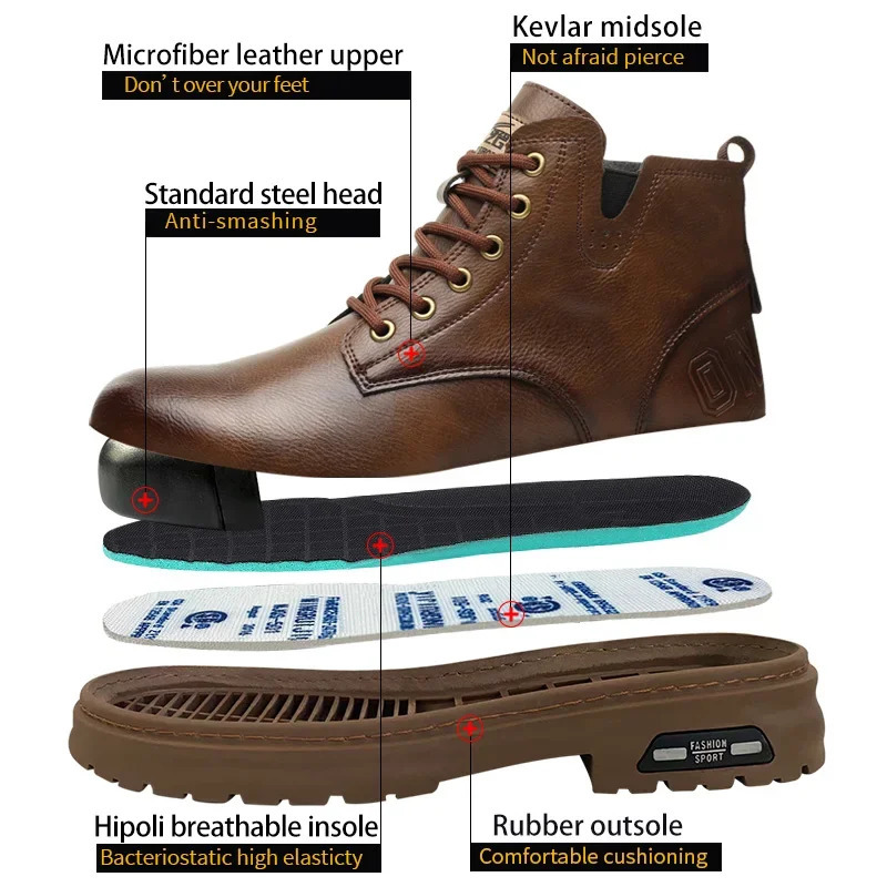 Fashion 2024 Waterproof Leather Boots Work Safety Shoes Men Steel Toe Boots Side Zipper Indestructible Protective Male Shoes 241112