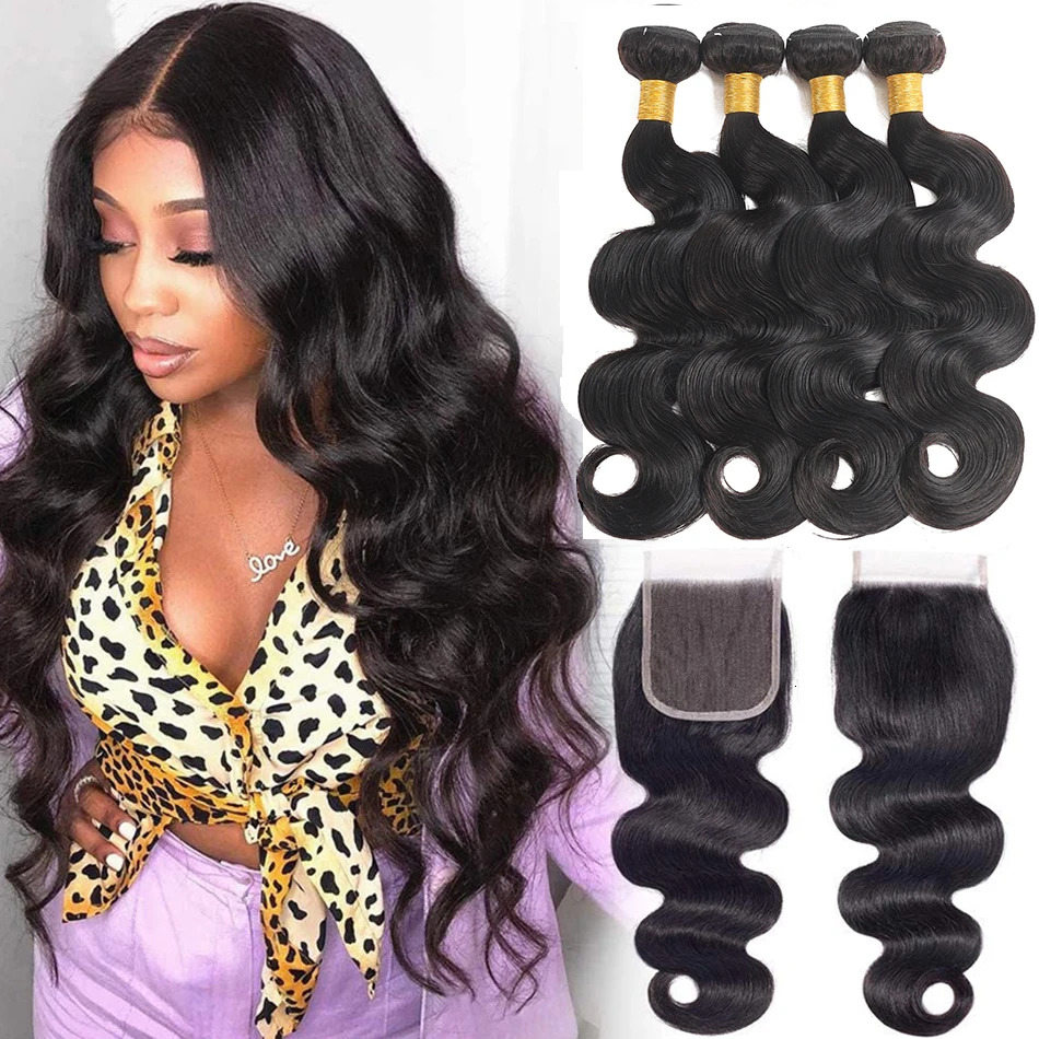 Peruvian Body Wave With Frontal 4X4 Closure Transparent Natural Virgin Human Hair Extensions Wholesale Bundles Weave