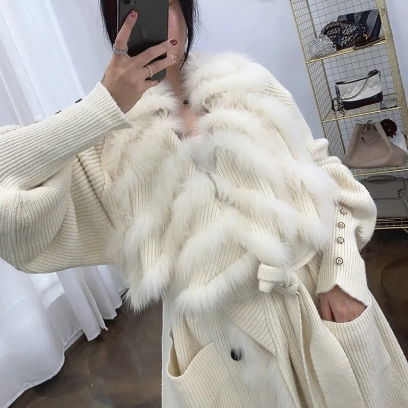 New Sweater Splicing Fox Fur Cardigan European American Coat Lady Autumn Winter Long Knit Trench Coat Temperament Women