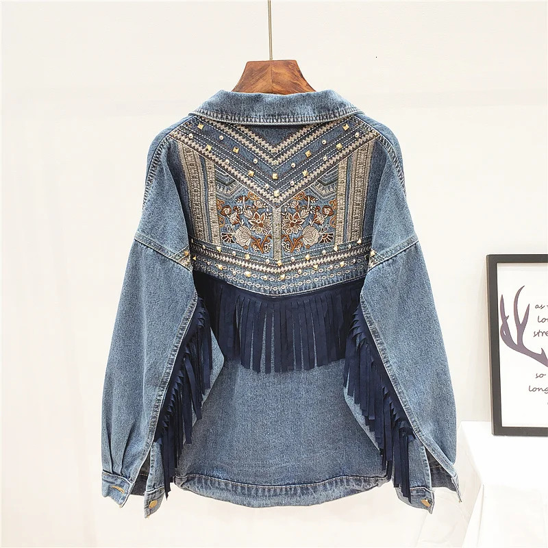 Heavy duty work rivet embroidery tassel denim jacket womens loose short jacket fashionable black blue denim jacket womens streetwear 241112