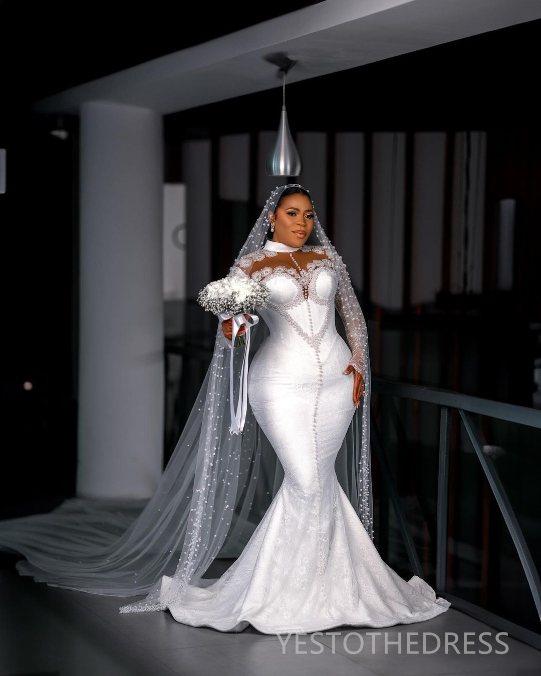 2024 African Wedding Dress Bridal Gowns Plus Size Mermaid Wedding Gowns High Neck Long Sleeves Beaded Pearls Lace Gowns For Nigeria Black Women Marria