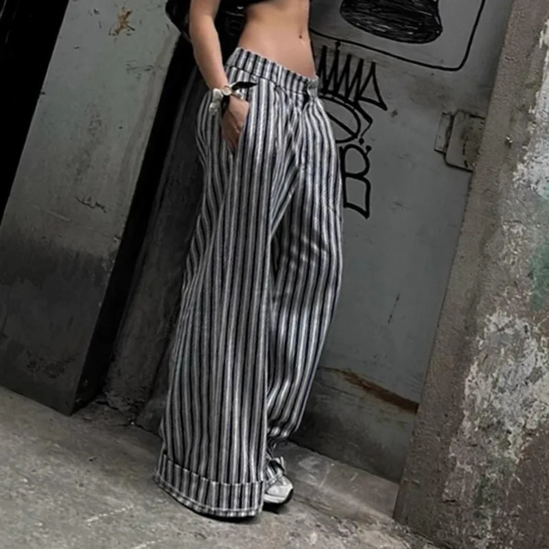 American street style black and white stripes contrast color low waist cargo pants low waist loose straight leg casual pants 241112