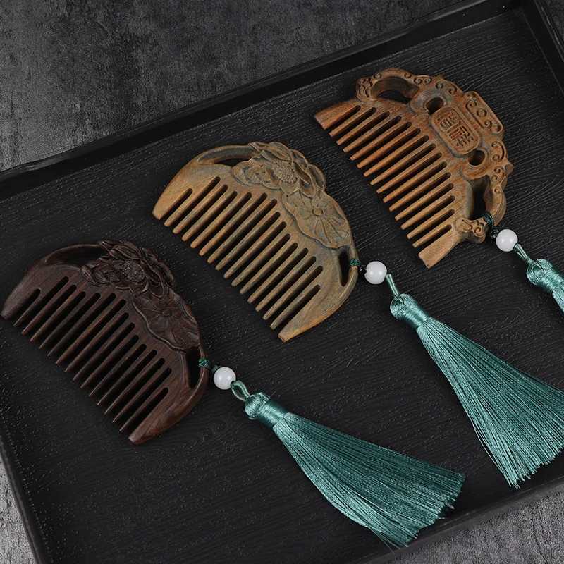 Mini Sandalwood Single sided Carving Comb Anti static Knotless Comb with tassel Forming Tool Animal Carving Wooden Comb W241112