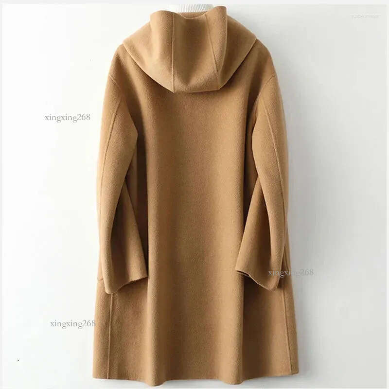 Women's Wool Double Side Cashmere Coat Women Autumn Winter Hooded Loose Long Woolen Camel Red Outerwear Clothing Female