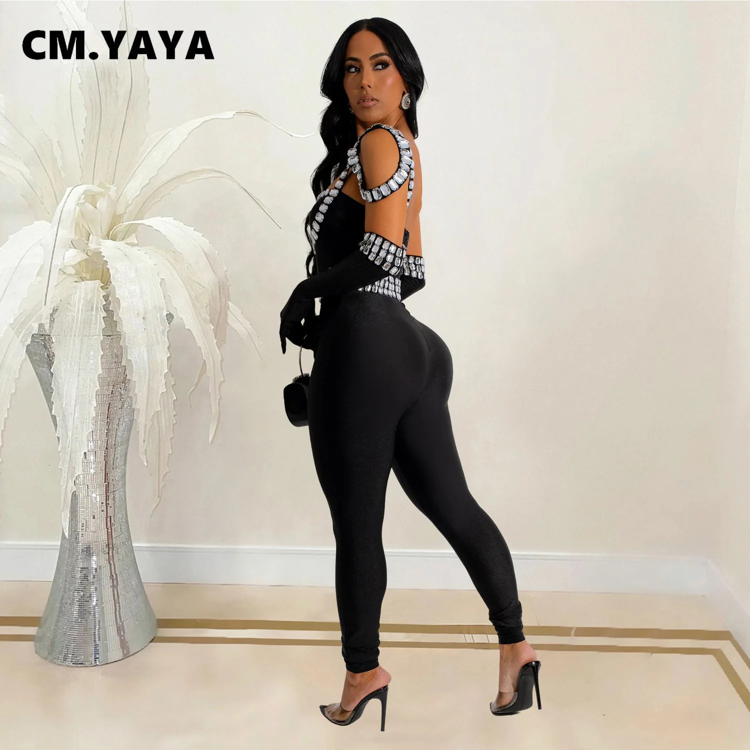 CM.YAYA Womens Diamond Rhinestone Sexy Shoulder Strap Long Sleeve jumpsuit Street Clothing Club one-piece jumpsuit with gloves 241112
