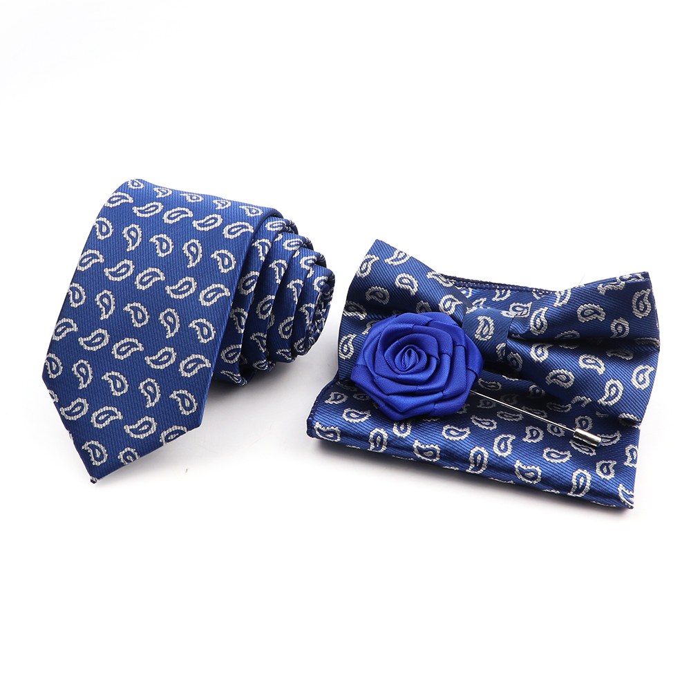 New Polyester Designer Skinny Paisley Tie Set Pocket Square Handkerchief Butterfly Bowtie Flower Brooches For Wedding Party Gift 1bab6