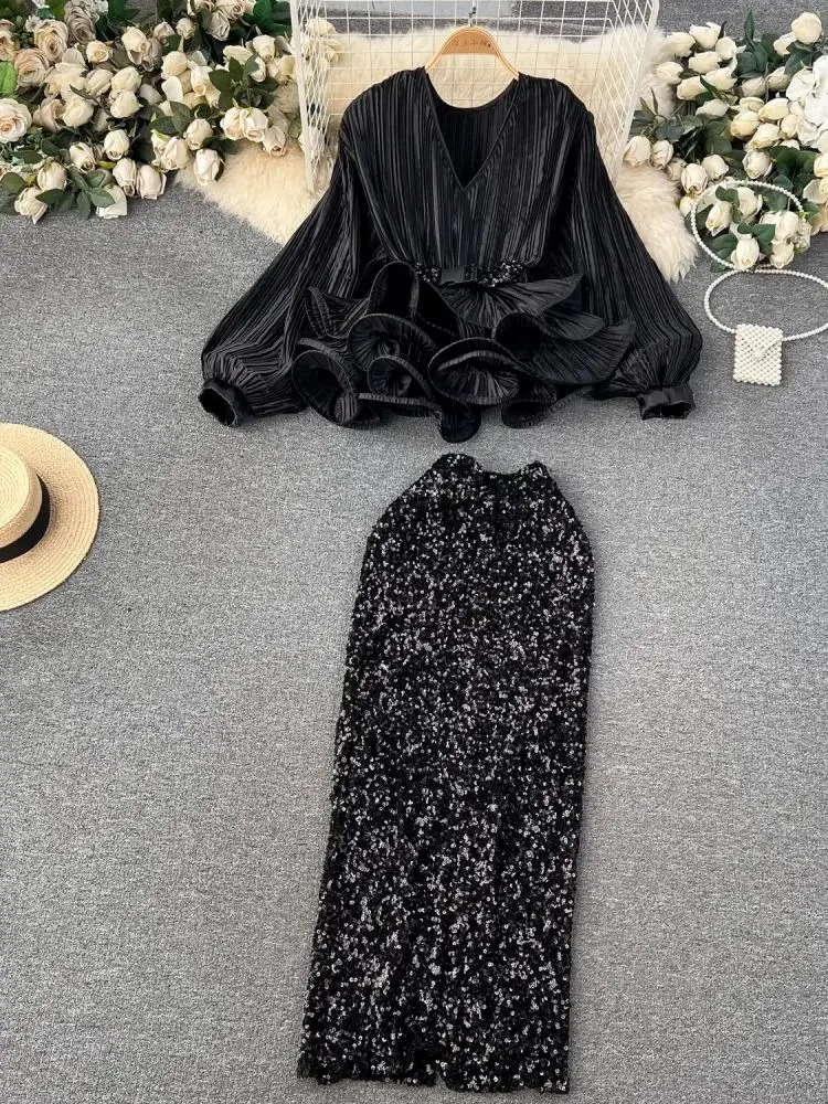 Sexy Club Glitter 2-piece Set Womens V-neck Lantern Cuff Ruffle Shirt TopElastic Waist Tight 241112