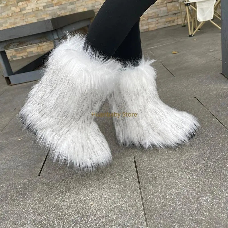 25 CM Womens Winter Boots Fluffy Faux Fox Fur Ladays Plush Warm Snow Boots Footwear Girl Furry Fur Bottes Fashion Shoes 241112