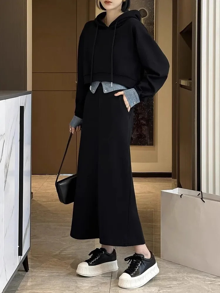 2-piece skiing suit and top of the line autumn Korean fashion solid hooded sportswear casual skiing suit matching set womens clothing 241112